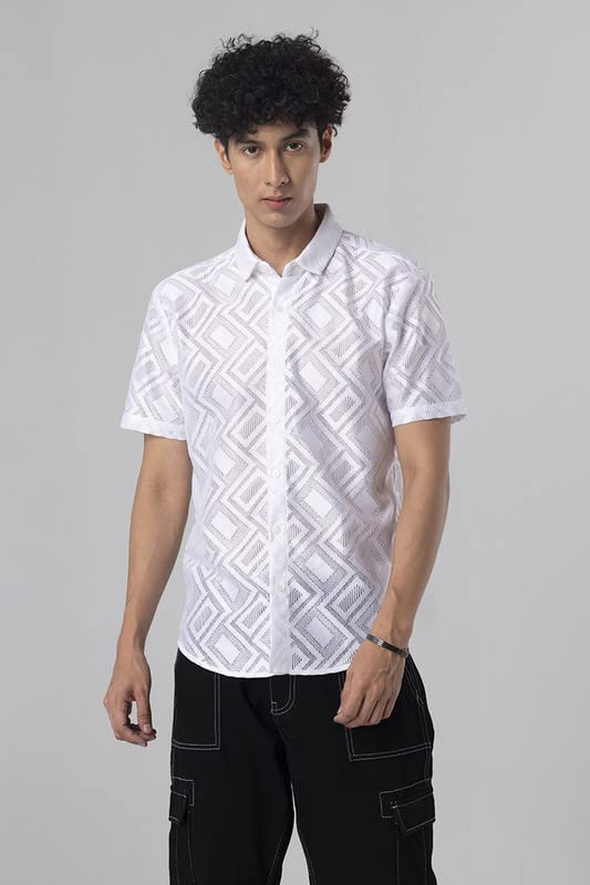 Image of SNITCH Hawaiian Hakoba Rectangle White Shirt Slim Fit Shirt