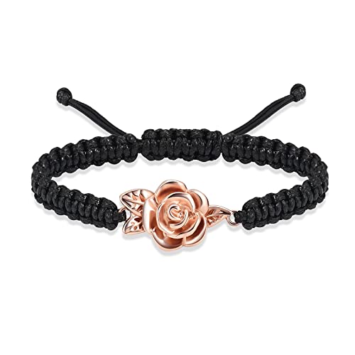 Image of Imrsanl Rose Flower Urn Bracelet for Ashes Cremation Memorial Jewelry of Loved Ones Adjustable Braided Rope Ashes Bracelet Funeral Keepsake for Women