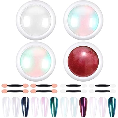 Chrome Nail Powder, 4 Boxes Metallic Mirror Effect Nail Powder Mermaid Aurora White Pearl Nail Pigment Powder Holographic Glitter Dust for Nail Art Decoration Cover