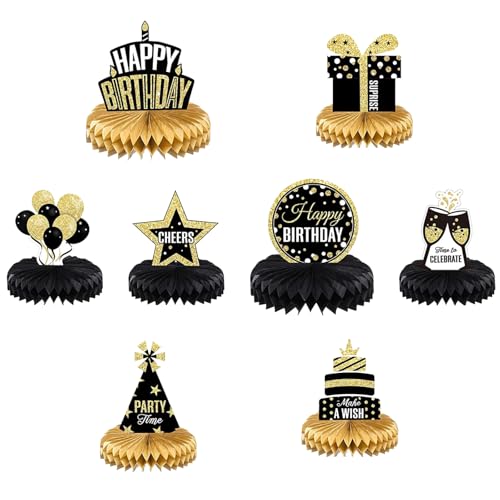 8 Pcs Happy Birthday Table Decorations, Black and Gold Party Decorations, Honeycomb Table Centrepieces Decoration Supplies for Men's and Women's Birthday Parties
