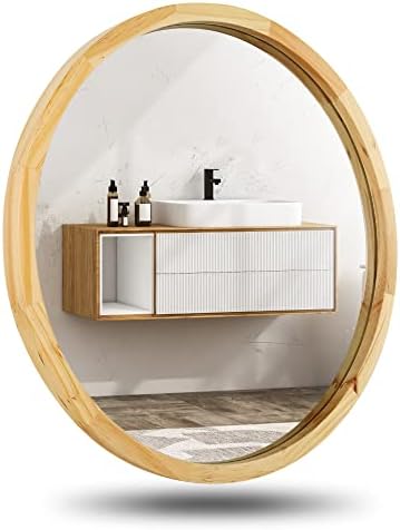 JIYUERLTD Round Mirrors 24inch Wall Mirrors Decorative Wood Frame Morden Mirrors for Bathroom Entryways Living Rooms and More. (Natural Wood)