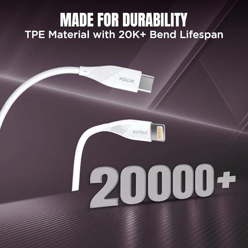 Image of Intex Speed Pro 27W Type-C to Lightning Fast Charging Cable with 480 Mbps Data Transfer, Tangle-Free Cable For iPhone 14,13, 12,11, 8, 7, 6, 5, Ipad, Macbook, Imac, Airpods and Other Devices - White
