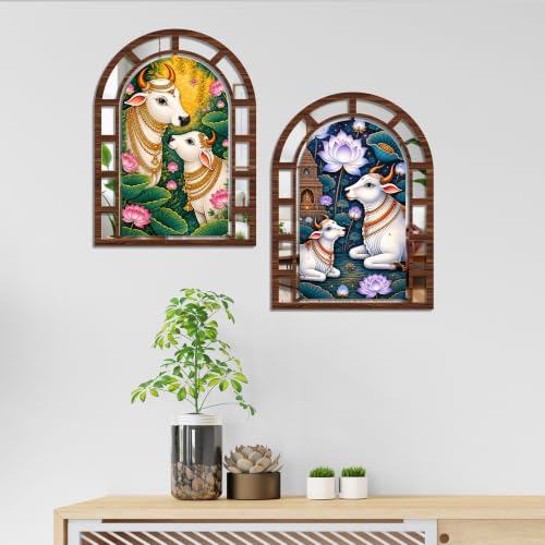 Image of Artvibes Traditional Kamdhenu Cow Decorative Home Accent | Jharokha Mirror Wall Decor for Living Room, Hall, Bedroom, Pooja Room & Dining Area | Gift for Spiritual Person (WHJ 12039N), Set of 2