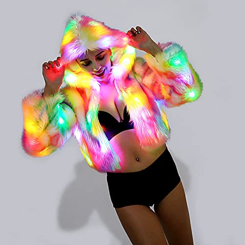 LIQIANG Veste LED Light Up Rave Stage De Noël Fête d'anniversaire Manteaux en Fausse Fourrure Costume Déguisement pour Femmes Halloween Cover
