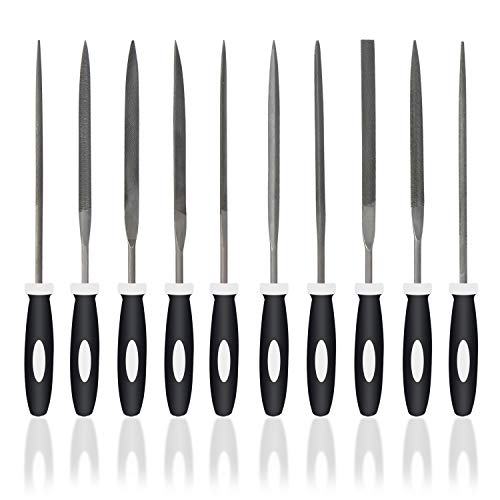SDAE 10PCS Needle File Set High Carbon Steel File Set with Plastic Non-Slip Handle, Hand Metal Tools for Wood, Plastic, Model, Jewelry, Musical Instrument and DIY (6 Inch Total Length)