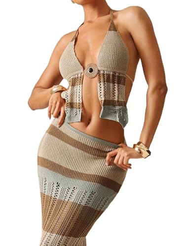 MakeMeChic Women's Summer Crochet Sweater Tops Open Back Boho Beach Knitted Halter Top