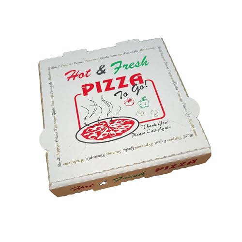 HS Power 50 Pack Pizza Box Hot & Fresh Print, White Recyclable Cardboard Takeout Box for Pizza, Pies, Cookies, Cheesecake, Snap Closure, Multipurpose Use - 10x10 Inch