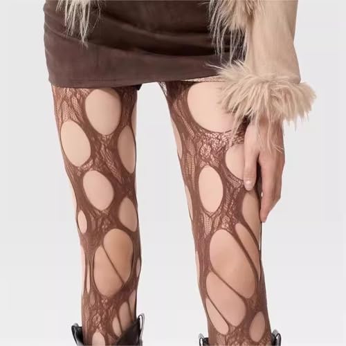 Image of Women's Ripped Fishnet Tights, Irregular Distressed Hole Mesh Stockings, Y2k Lace Sheer Pantyhose