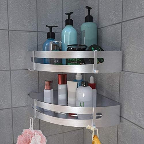 Bathroom Corner Shelves, RenFox Shower Shelf Corner Shelf No Drilling Shower Basket Caddy Shower Organiser Storage Corner Adhesive Aluminum Wall Mounted with Hooks (Triangle, 2 Pack, Polished Silver)