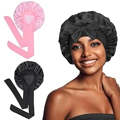 Euqvunn 2 Pezzi Cuffia Seta Capelli Notte, Cuffias Capelli Ricci Notte con Fascia Larga 6.2×63 cm, Bonnet Seta per Capelli Ricci, Adatto Protezione per Capelli Lunghi/Ricci (Nero Rosa)