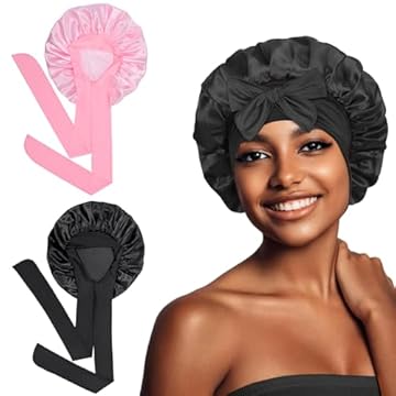 Euqvunn 2 Pezzi Cuffia Seta Capelli Notte, Cuffias Capelli Ricci Notte con Fascia Larga 6.2×63 cm, Bonnet Seta per Capelli Ricci, Adatto Protezione per Capelli Lunghi/Ricci (Nero Rosa)
