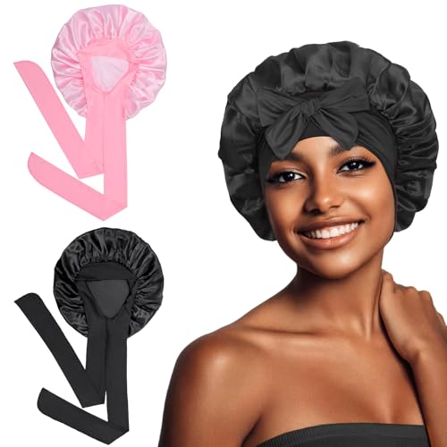 Euqvunn 2 Pezzi Cuffia Seta Capelli Notte, Cuffias Capelli Ricci Notte con Fascia Larga 6.2×63 cm, Bonnet Seta per Capelli Ricci, Adatto Protezione per Capelli Lunghi/Ricci (Nero Rosa)