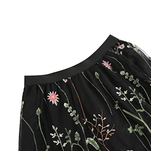 Wellwits Women's Floral Embroidery Mesh Vintage Midi Skirt3