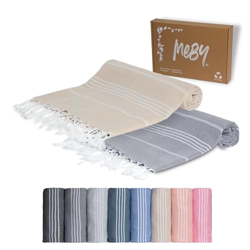 MEBY Juego de 2 Toallas de Sauna XXL (100 x 200 cm), Toalla de Playa, Toalla de baño, Toalla de hammam Turco y Toalla de Mano. 100% Algodón (Beige y Gris Oscuro), P2024
