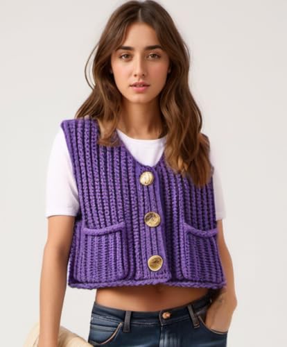 Image of Women's Sleeveless Chunky Knit Cardigan V-Neck Button Down Vest Casual Loose-Fitted Crochet Sweater with Pockets 2024