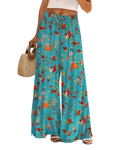 YESNO Women Summer Flowy Wide Leg Pants Drawstring Elastic Waist Casual Lounge Beach Palazzo Trouser with Pockets XL PPR CR014