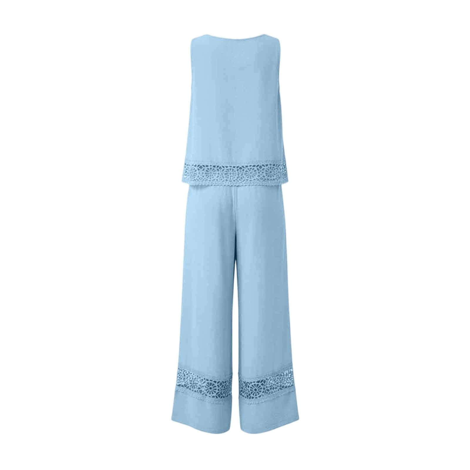 Générique Ensemble Femme Chic et Élégant Bohème, Deux Pièces Top Sans Manches Pantalon Large, Tenue Décontractée Léger Respirant pour Vacances d'Été et Sorties Quotidiennes à Dentelle 2 Pièces