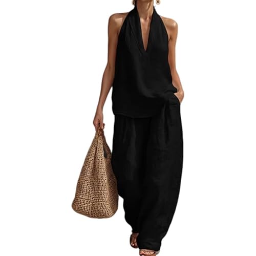 FY3E8B Women's Linen Two-Piece Set Deep V-Neck Halter Neck Top