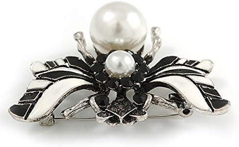 Striking Enamel Crystal, Pearl Bead Bumble Bee Brooch In Silver Tone Metal (Black/White) - 55mm Across, black, silver, white / ivory - Image 4