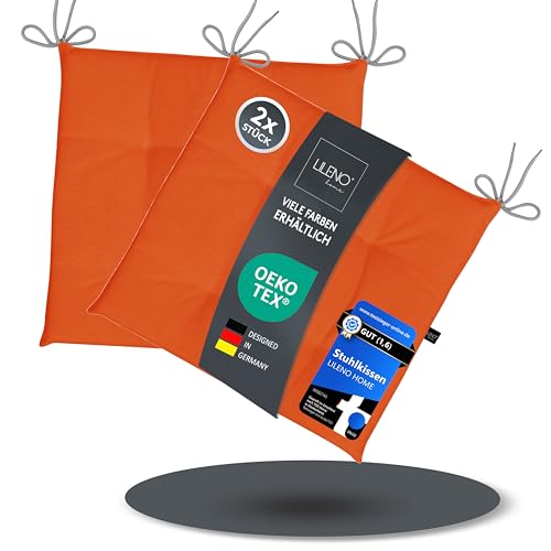 LILENO HOME 2er Set Stuhlkissen Orange (40x40x4,5 cm) - Sitzkissen für Gartenstuhl, Küche oder Esszimmerstuhl - UV-beständige Indoor u. Outdoor Stuhlauflage als Stuhl Kissen (Laura FUM)