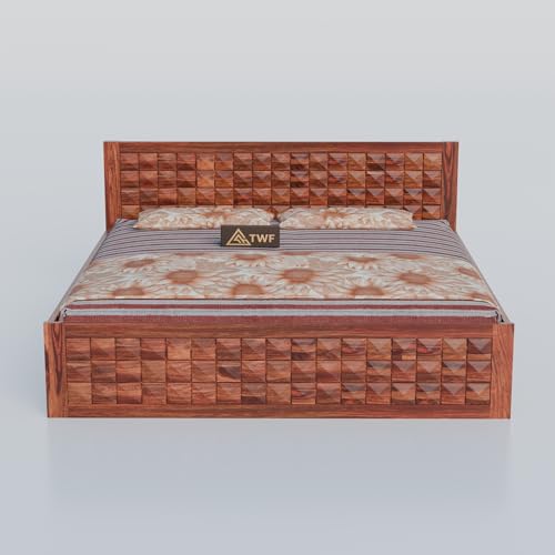 Image of Solid Sheesham Wood Queen Size Bed with Storage Box | Wooden Double Bed for Bedroom | Diamond Design Double Bed Cot Palang for Home | Rosewood, Honey Finish