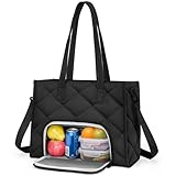 ZOMFELT Lunch Tote Bag for Women, 15.6 Inch Puffer Laptop Lunch Bag, Quilted Large Work Tote Bag with Insulated Lunch Compartment, Womens Lunch Bags for Work, Travel, Nurse, Teacher, Camping, Black