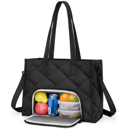 ZOMFELT Lunch Tote Bag 15.6 Inch Puffer Laptop Lunch Bag for Women Quilted Large Work Bag with Insulated Lunch Compartment Lunch Bags for Work Womens Travel Nurse Teacher Camping Black
