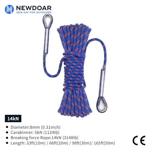 NewDoar 14KN Static Climbing Rope 8mm(5/16in) Accessory Cord Equipment 33FT(10M) 66FT(20M) 98FT(30M) 165FT(50M) Escape Rope with 2 Carabiners for Ice Climbing Equipment Fire Rescue Rope-Blue/30M - Image 2