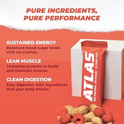 Atlas Real Food Protein Bar 20g Clean Protein, 2g Sugar, No Seed Oils, No Artificial Sweeteners (Peanut Butter & Raspberry, 12 Count)