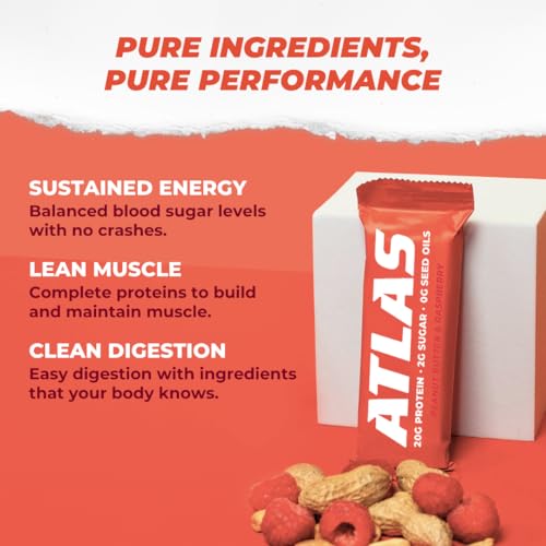 Image of Atlas Real Food Protein Bar - 20g Clean Protein, 2g Sugar, No Seed Oils, No Artificial Sweeteners (Peanut Butter & Raspberry, 12 Count)