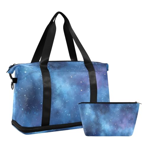 ALAZA Sports Duffel Bags with Toiletry Bag Set,The Blue Nebula Pattern Travel Duffel Bags Multi Pockets Weekend Bag2