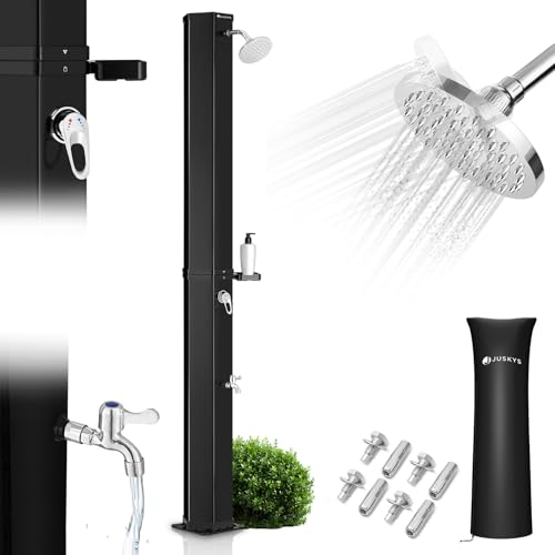 Juskys® Douche Solaire extérieure Victoria 60 litres - jusqu'à 60 °C - avec Pomme de Douche pivotante, douchette pour Les Pieds et raccord pour Tuyau d'arrosage