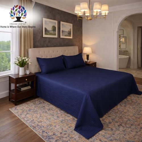 Image of Dream Living Stripe King Bedsheet with 2 Pillow Covers | 120 GSM | 275x275 Cm | Blue