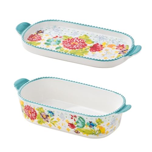 CYairong-22 Recipiente para Hornear Molde Rectangular for Hornear con Dos Asas y Tapa, diseño Floral, Pintado a Mano, for Servir Queso arroz Plato para Hornear