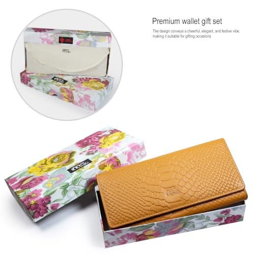 Image of Women's Top Grain Leather Wallet, RFID Blocking Bifold clutch, 17 Card Slots, Zip Pocket Organizer, Elegant Gift for Women - Birthday, Valentine, Anniversary - Croco Mustard