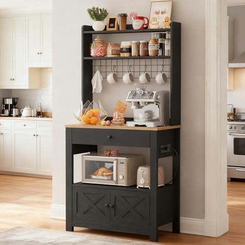 LIKIMIO Baker Rack with Spill-Safe Power Outlet & Drawer Coffee Bar Cabinet with Storage Farmhouse Microwave Stand with Hutch and 5 Hooks for Kitchen Black