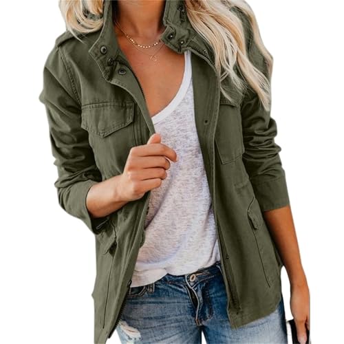 Image of Womens Military Jacket, Lightweight Utility Anorak Field Safari Coat Outwear, Zip Up Snap Buttons Parka with Pocket (Army Green,Medium)