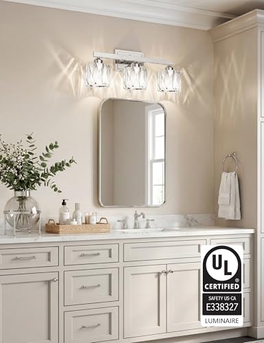Image of VOLISUN Crystal Vanity Lights for Bathroom, 3 Light Bathroom Vanity Light, Modern Stainless Steel Bathrooms Lights Over Mirror, Chrome Bathrooms Lights Fixtures-UL Certificated(Exclude Bulb)