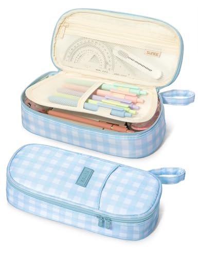 Image of SUNEE Cute Pencil Case, Aesthetic Pen Pouch, Colored Large Pencil Bag with Zipper, Kawaii Stationery Storage and Organizer, School Supplies for Teen and Adult Girls, Blue Checkered