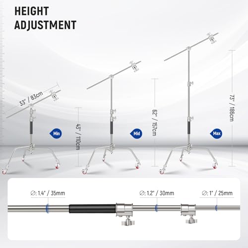 Image of NEEWER SC186W Stainless Steel Heavy Duty C Stand with Swivel Casters | 43 inch-73 inch /110-186cm, Photography Light Stand, 33 inch /83cm Boom Arm, 2 Grip Heads, for Studio Monolight, Softbox, Reflector