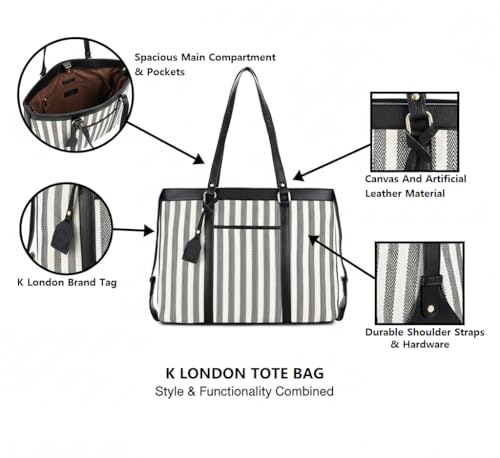 Image of K London Stylish Women's Office Bag - Canvas Laptop Tote for Professional & Casual Work Use | Durable and Elegant Shoulder bag | Handbag | 15.6 inch Laptop with double handles(2305 174 Parent)