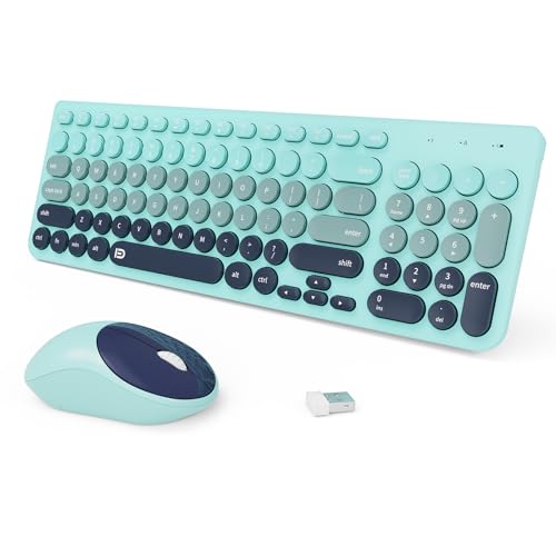 Image of Wireless Keyboards Mouse Combos, Colorful Cute Typewriter Full-Size Retro Round Keycaps, 2.4GHz Cordless Connection Sleep Mode Office Wireless Keyboard and Mouse Set for Desktop Laptop PC Computer