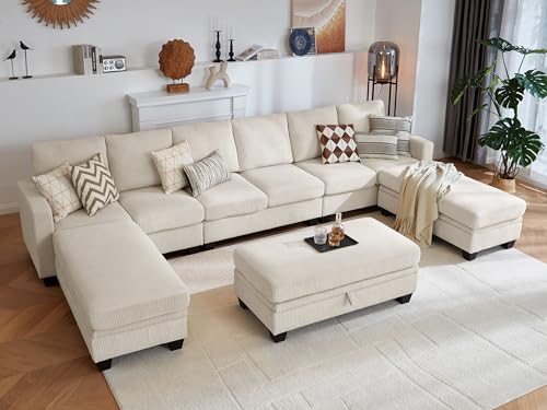 Image of CHIC HOUSE Modular Sectional Couch| Corduroy L Shaped Sleeper Sofa, U-Shape Sofa Bed Convertible Chaise with Storage Ottoman for Living Room Modern Furniture (Beige, 12 Seater Sleeper)