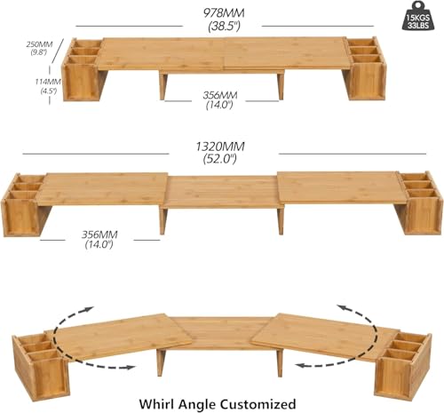 Image of Adjustable Dual Monitor Stand with Storage Organizer, Wooden Desktop Riser for Monitors, Bamboo Corner Desk, Ergonomic Computer Riser with Pen Holder and Organizer (wooden monitor stand with drawer)