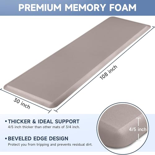 Image of 4 /5 Inch Thick Kitchen Mats for Floor, StepRite Kitchen Rug for Standing Desk, Non-Slip, Thicker, Stain & Water Resistant, Comfort Anti Fatigue Floor Mat for Home, Kitchen, Office - Khaki,108 * 30''