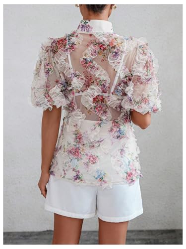 OYOANGLE Women's Floral Print Mesh Sheer Pearl Button Down Blouse Mock Neck Puff Short Sleeve Ruffle Trim Shirt2