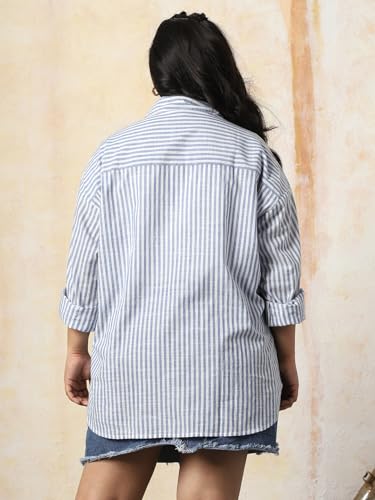 Image of HIGH Star Oversized Striped Cotton Shirt for Women | Stylish Tops for Women | Comfortable and Trendy Casual Shirt