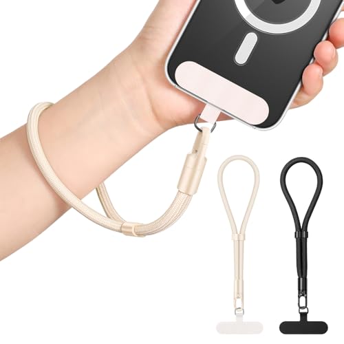MoKo Set da 2 cinturini da polso, cordino regolabile per telefono con linguetta di fissaggio, cinturino da polso per cellulare a mani libere iPhone e la maggior parte degli smartphone, Nero & Cammello