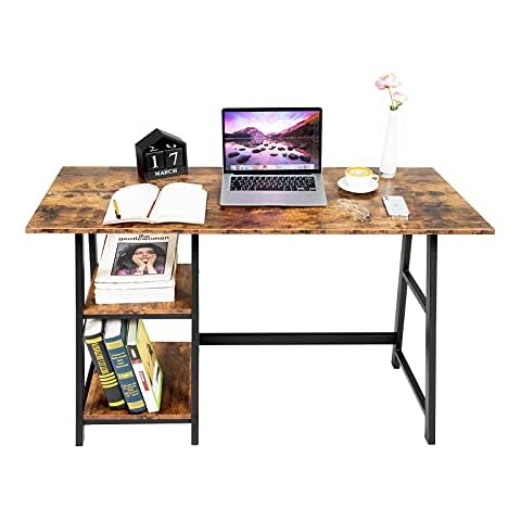 Oak & Tea Computer Desk Small Home Office Table with Shelves Compact Workstation Modern Style Writing Desk for Work Study Gaming 120x60x75 cm Cover