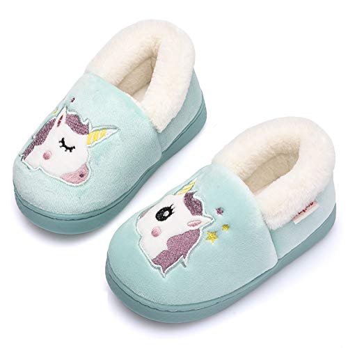 Holynissl Boys Girls Slippers Warm Fur House Slippers for Kids Non Slip Toddler Cute Home Slipper, UNI-Green 1617, 7-8 Toddler